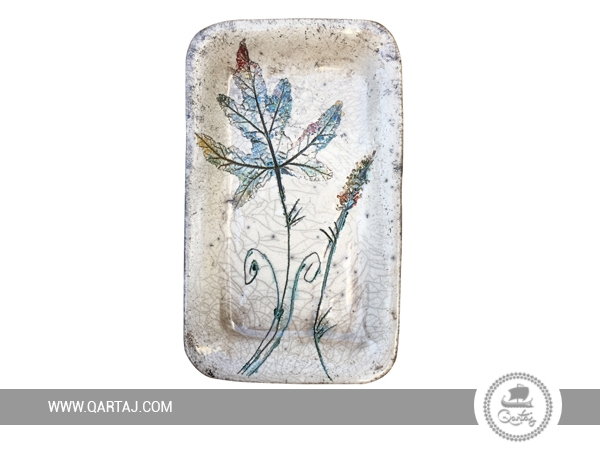 Hand painted rectangular plate with a leaf motif