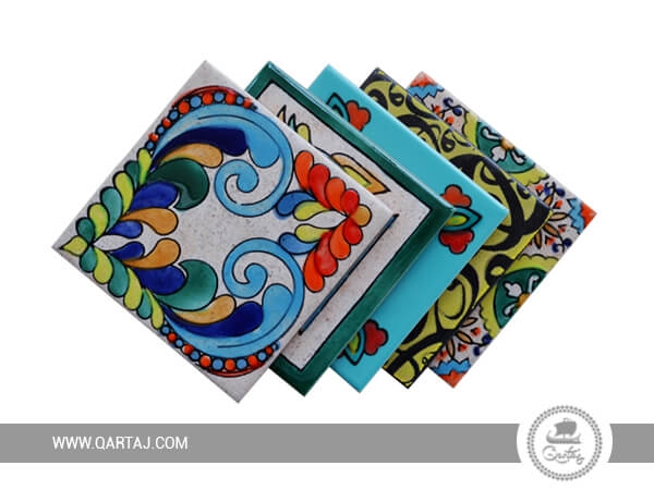 handpainted-tile-ceramic-handmade-coaster-pattern-lines-multicolored-geometric-floral