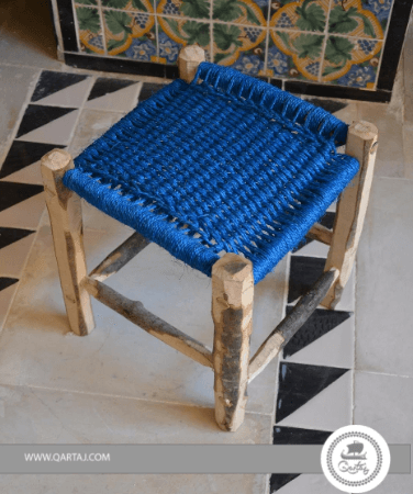 Blue Wooden and halfa Stool, Tunisian Handmade