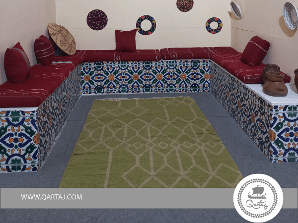 Green Handmade Carpet With Geometric Shapes, Tunisian Rug
