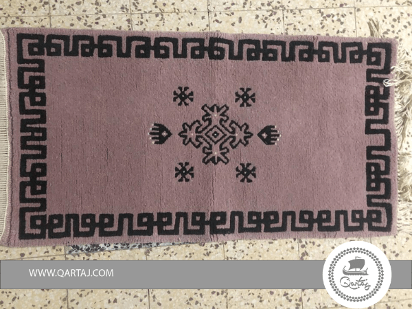 Black Geometric Flower Pattern Purple Base Rug, Handmade Tunisian Rug
