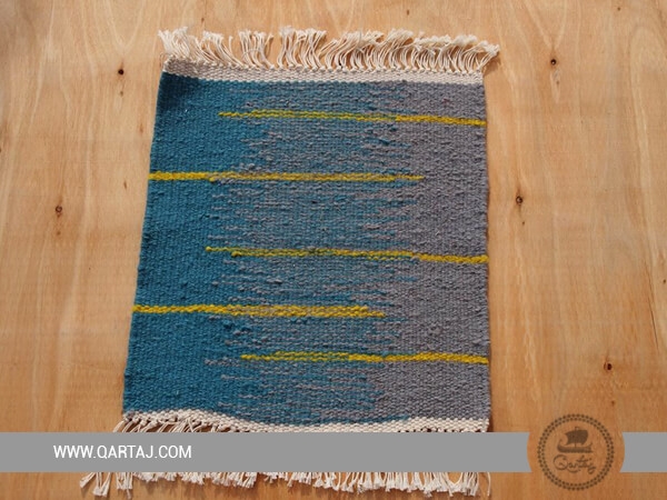 Grey And Turquoise Handmade Carpet With Yellow Stripes, Handmade Tunisian Rug
