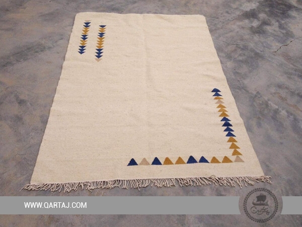 Simple White Carpet With Triangular Motifs, Made In Kesra, Handmade Tunisian Rug
