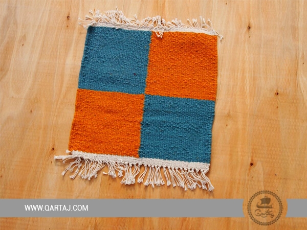 Square Turquoise And Orange Carpet From Kesra Artisans, Handmade Tunisian Rug
