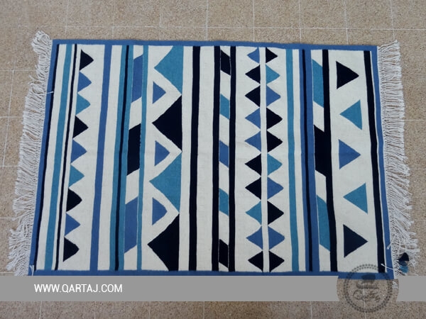 Triangles Wool Kilim From Sejnan Rug Blue And White, Handmade tunisian Rug
