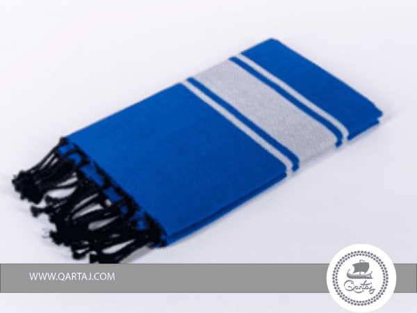  Handmade Classic Band Fouta with Black Fringes, Blue & Grey Fouta