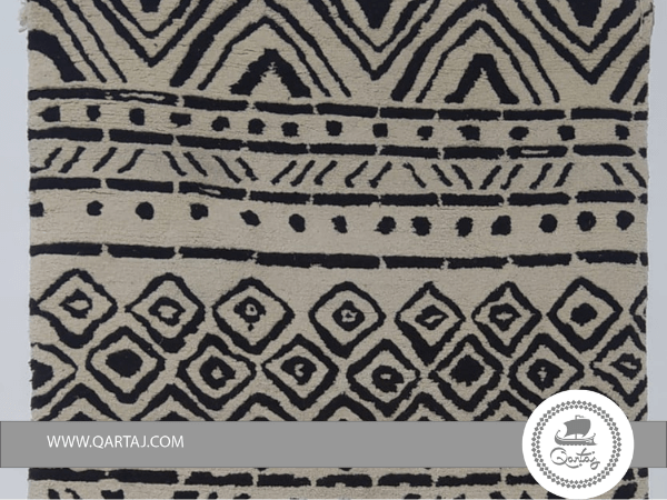 Modern Handmade White rug with black Shapes, Tunisian Rug