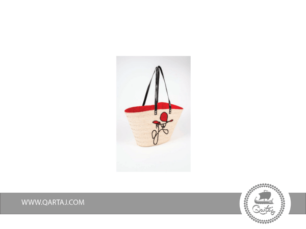 Palm-fiber-and-leather-bag-with-red-color-and-black-hand