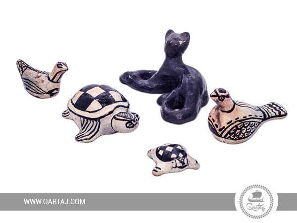 qartaj-set-of-sejnan-pottery-statues-black-cat-2-pigeons-2-turtles