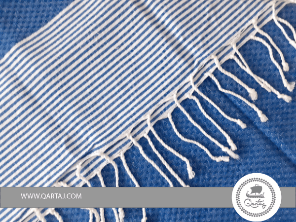 Striped Blue Traditional Hamam Fouta Beach Towel qartaj detail
