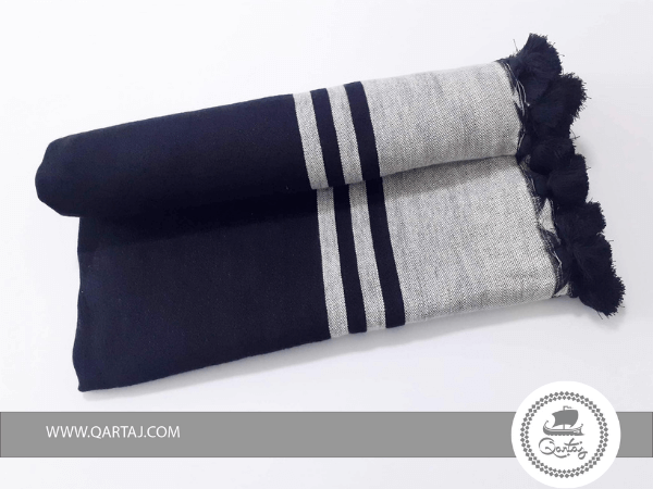 Blanket Black and Gray Striped with Pompoms