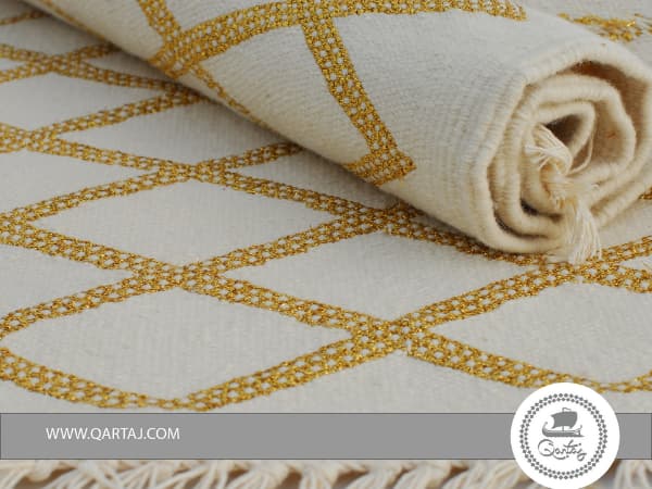 Rug White Golden Diamond Handmade Tunisia, Handmade Tunisian Rug

