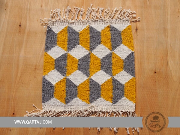 Small Carpet With Grey And Yellow Diamond Shaped Motifs, Handmade Tunisian Rug
