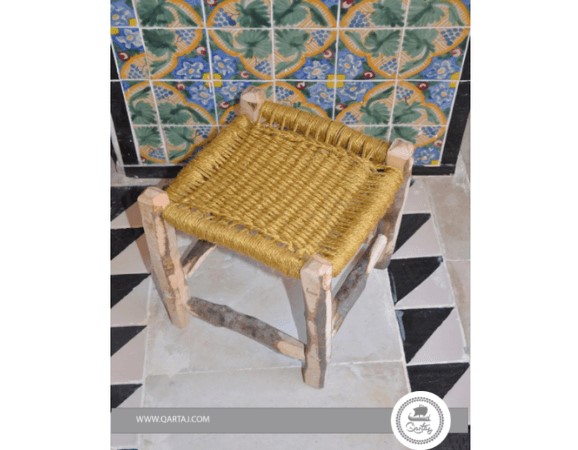 Square Wooden Leg Stool, Handwoven Halfa Stool Made In Tunisia

