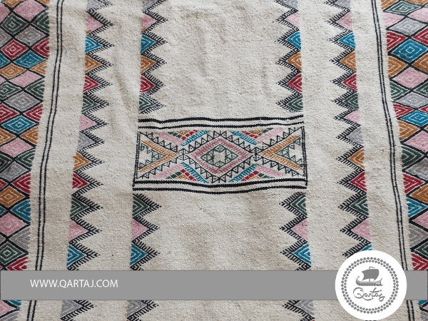 White Berber Kilim With Colorful Geometric Shapes, Tunisian Rug
