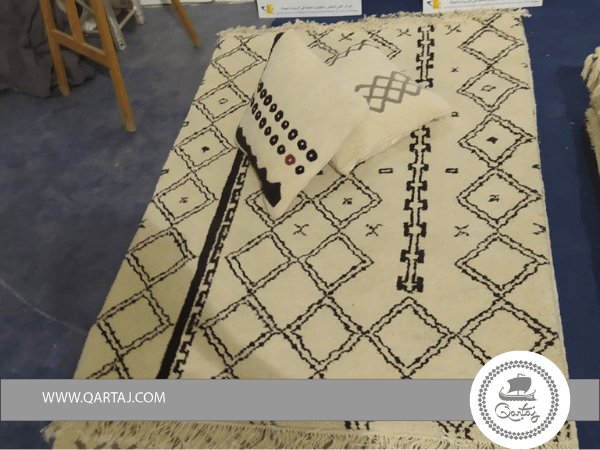 White & Handmade Rug with black rhombuses, Tunisian Rug