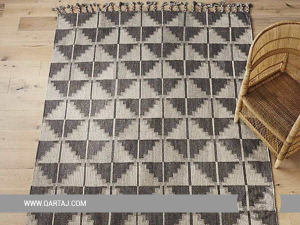 Grey and white geometric pattern small carpet, Handmade Tunisian Rug